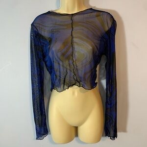 Rue21 Blue and Black Sheer Swirl marble Crop Top long sleeve Large made in USA
